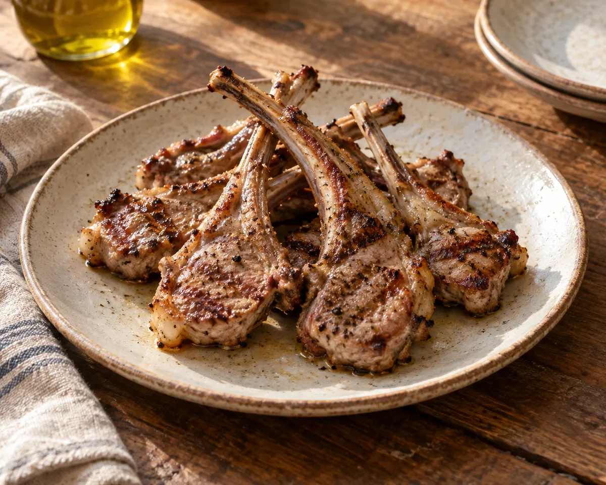 Several small grilled lamb rib chops with browned edges on a pale ceramic platter.
