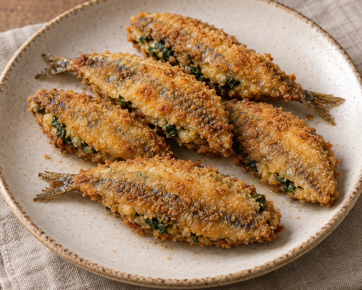 Golden breadcrumb-coated stuffed anchovies with narrow green filling seams on a ceramic plate.