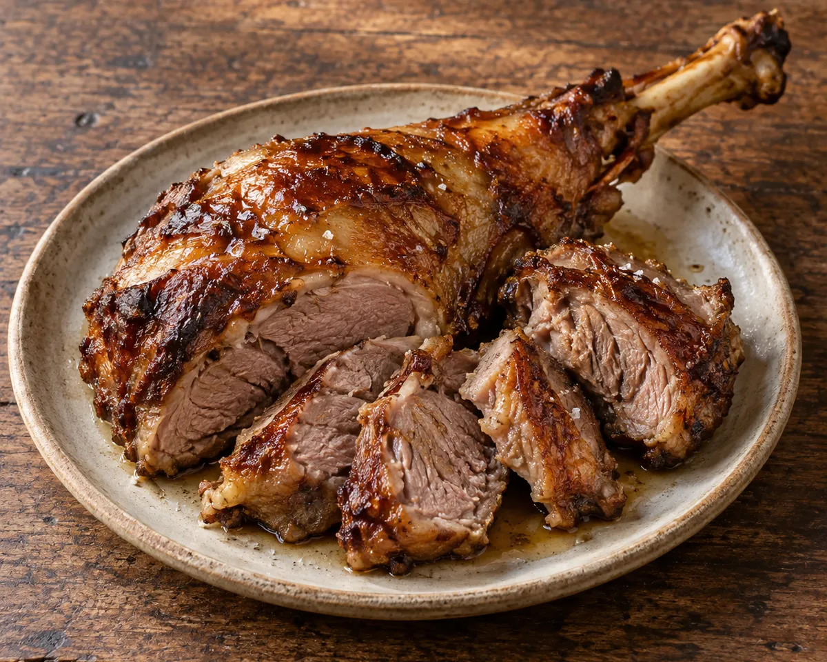 Bronzed bone-in roast lamb with carved slices and a light arbutus honey finish on a ceramic platter.