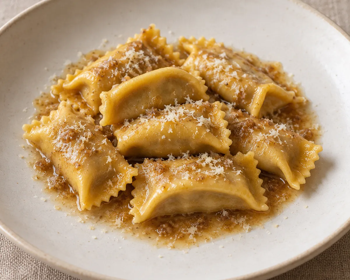 Small folded meat-filled agnolotti coated in roast juices with grated Parmigiano on a ceramic plate.