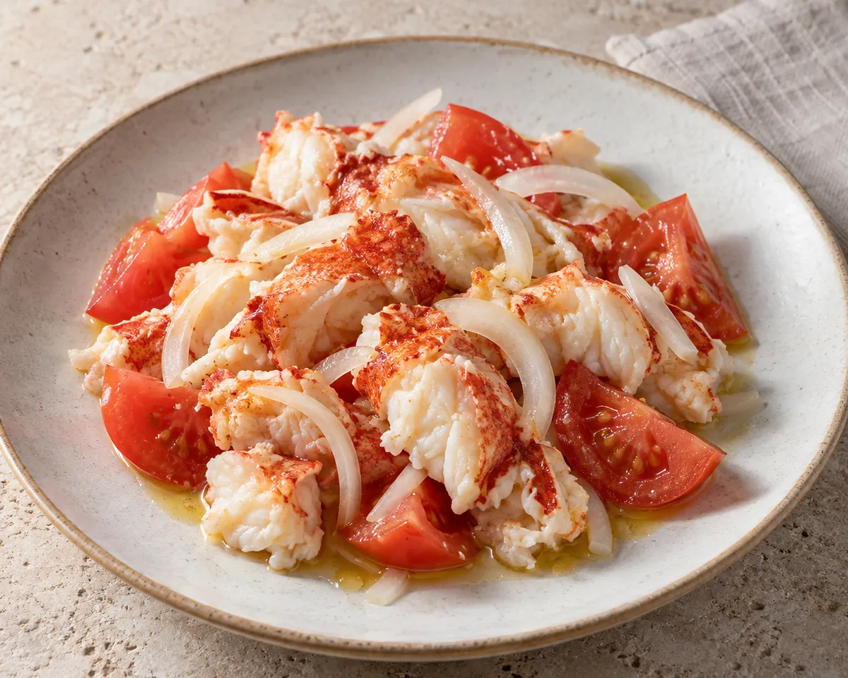 Shelled lobster meat with raw tomato wedges and thin white onion in a lightly dressed salad.