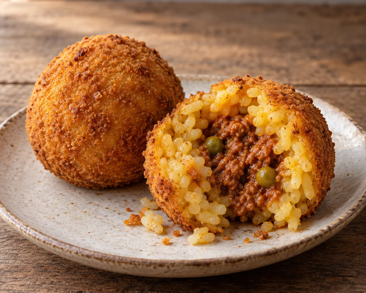 A whole golden arancina beside a broken-open one revealing saffron rice, meat ragù and peas.