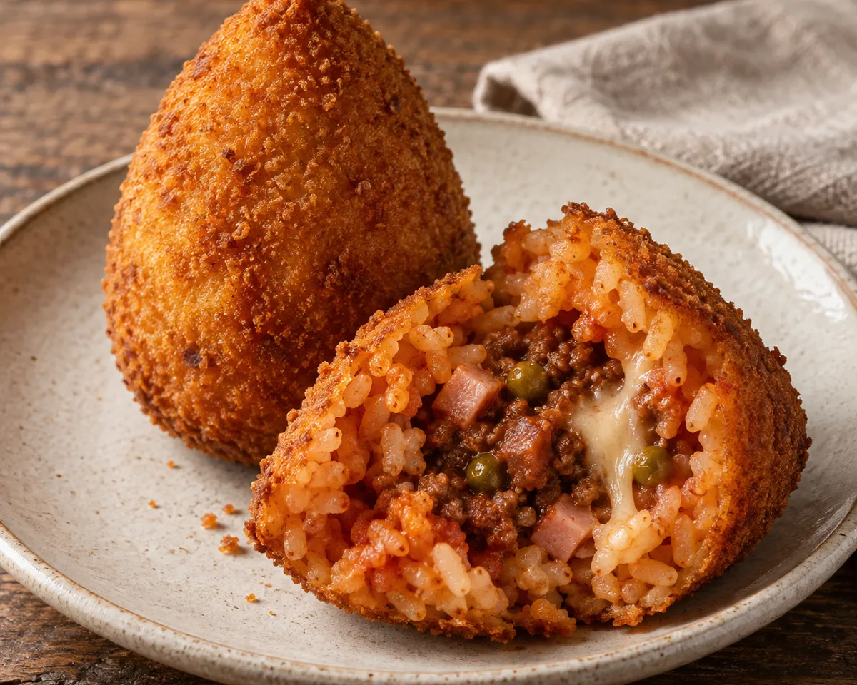 A pointed golden rice ball beside a broken-open piece showing rice, meat ragù, peas, mortadella and melted cheese.