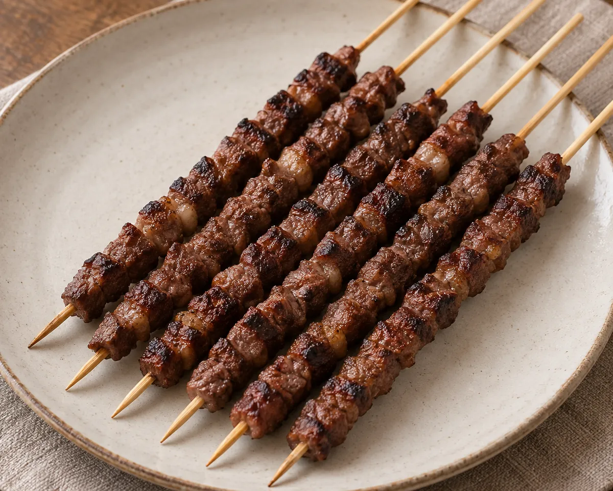 Narrow wooden skewers of small charcoal-grilled mutton pieces arranged on a ceramic plate.