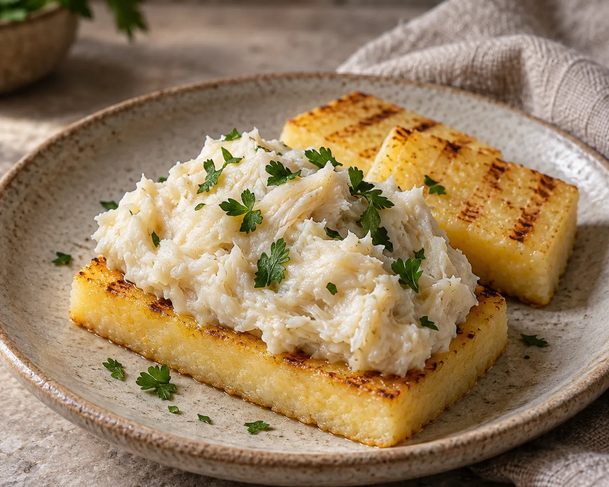 Creamy white baccalà mantecato with parsley on grilled polenta.
