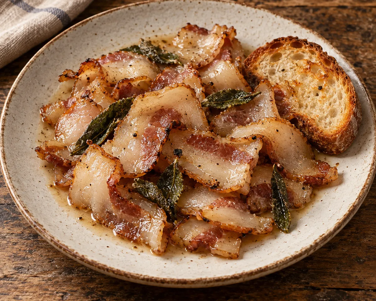 Baffo all'orvietana: browned curls of guanciale with cooked sage, light vinegar pan juices, and a small slice of toast.