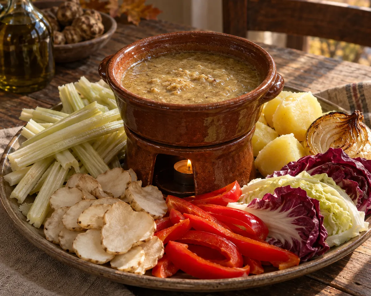 A warm earthenware pot of bagna càuda over a small flame, surrounded by cardoon, Jerusalem artichoke slices, peppers, cabbage, potatoes, and roasted onion.