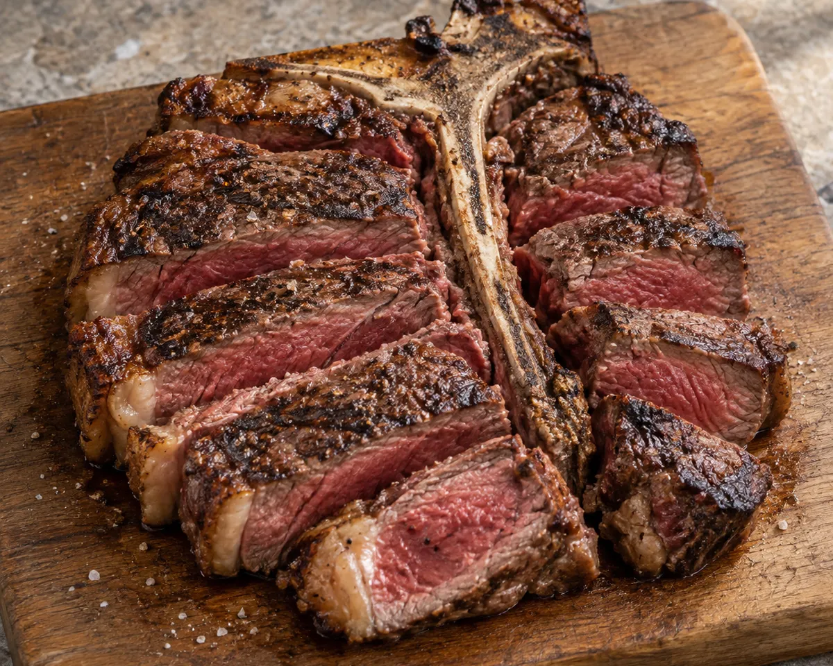 Thick slices of rare grilled T-bone steak arranged around the bone on a wooden board.