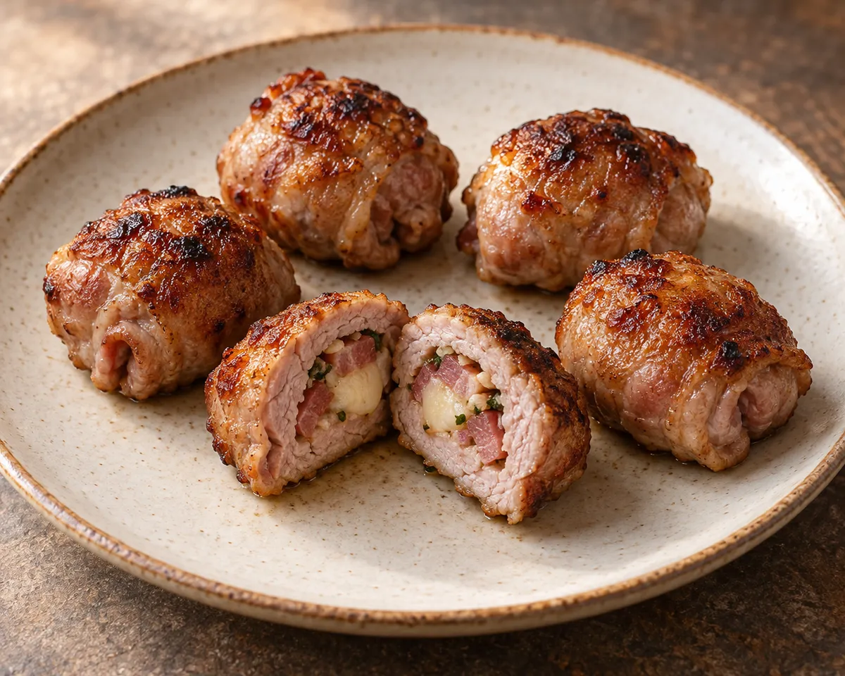Browned pork parcels with one cut open to reveal a small cheese filling.