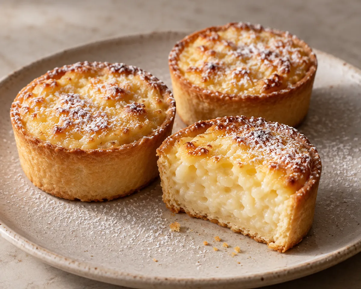 Small round pastry tartlets filled with baked rice custard, one cut open to show the grains.