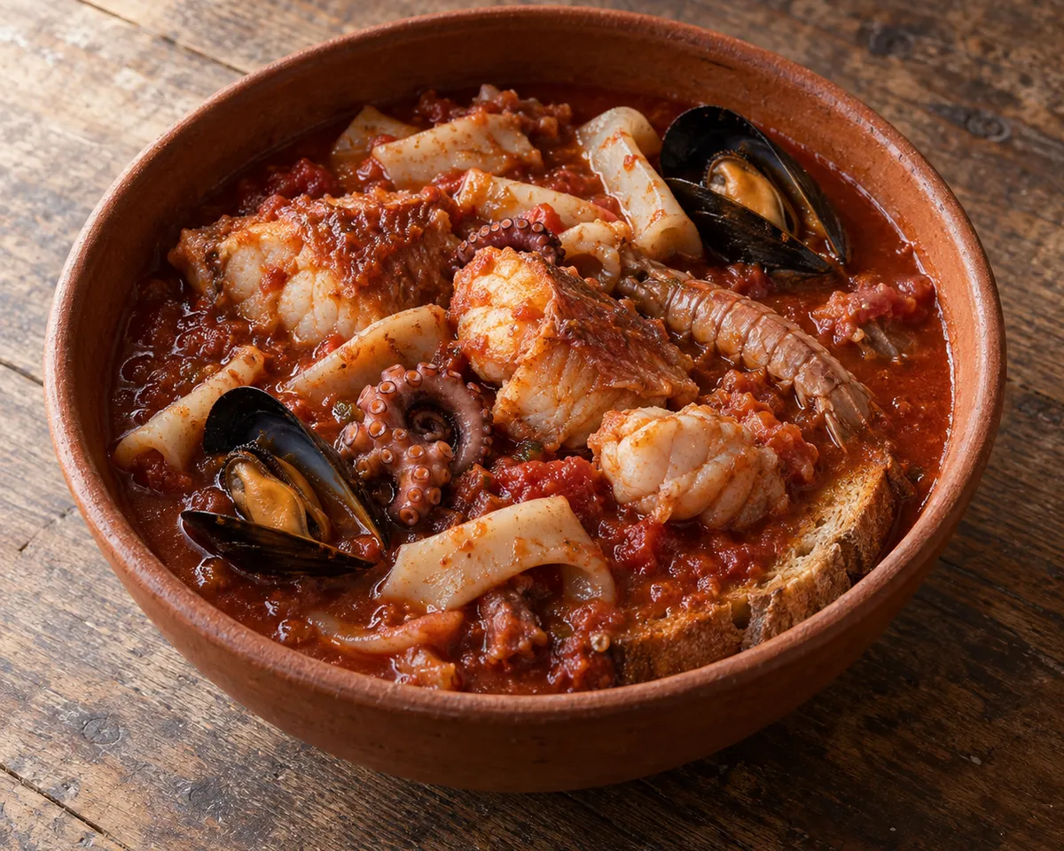 Tomato-red Cacciucco with fish, octopus, shellfish and toast in an earthenware bowl.