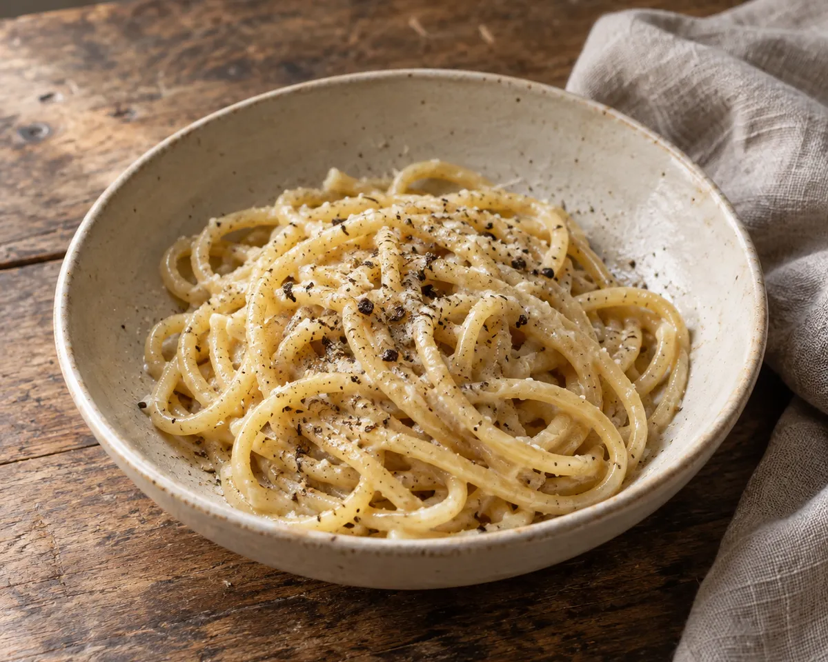 Loosely tangled tonnarelli with Pecorino Romano and black pepper in a ceramic bowl.