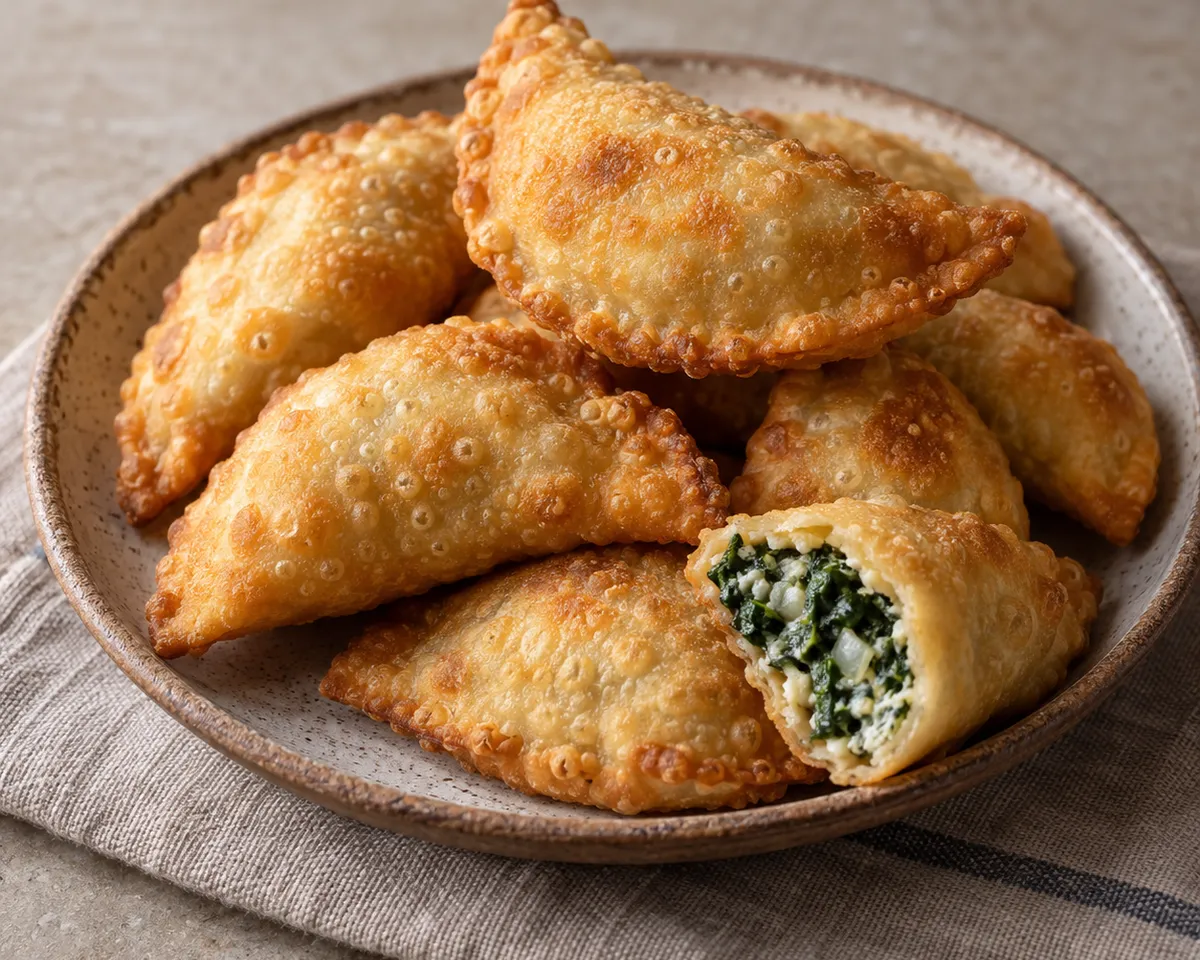 Golden fried half-moon pastries with one cut open to show a spinach and ricotta filling.
