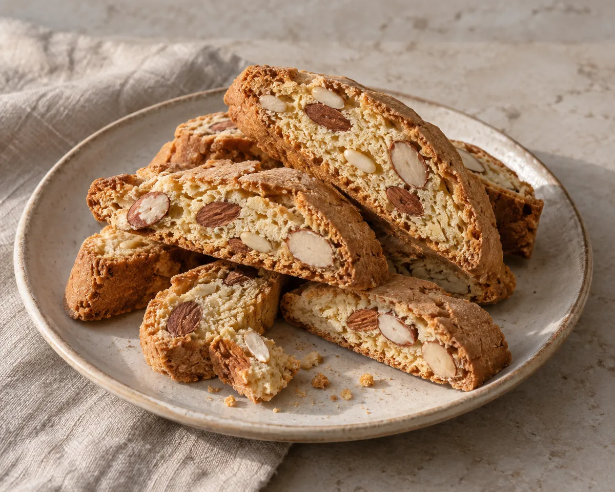 A loose pile of golden almond biscotti with sliced nut-filled centers and a few crumbs.