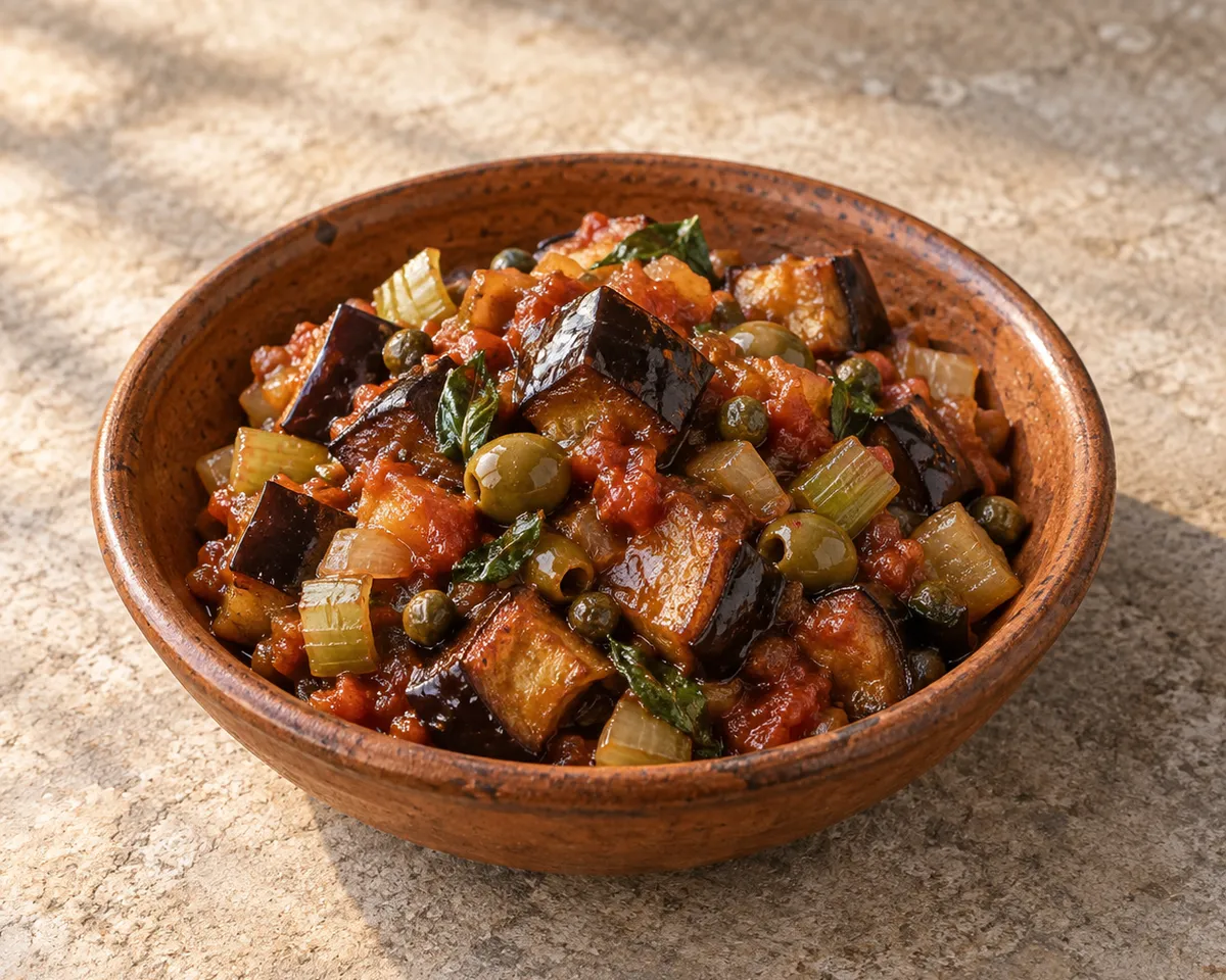 Caponata with eggplant, celery, olives, and capers in a rustic bowl.