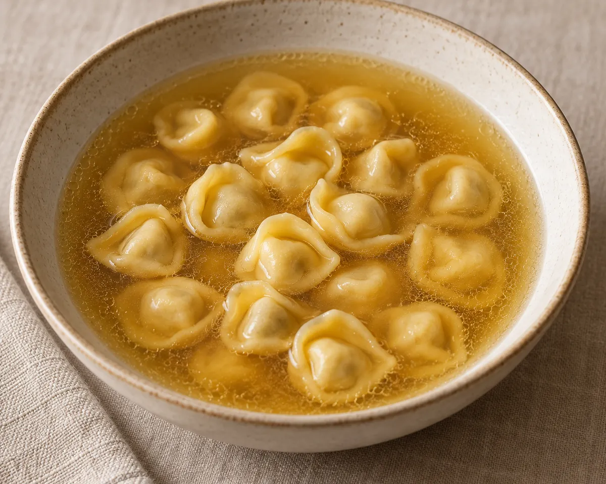 Small handmade hat-shaped cappelletti floating in clear golden broth.