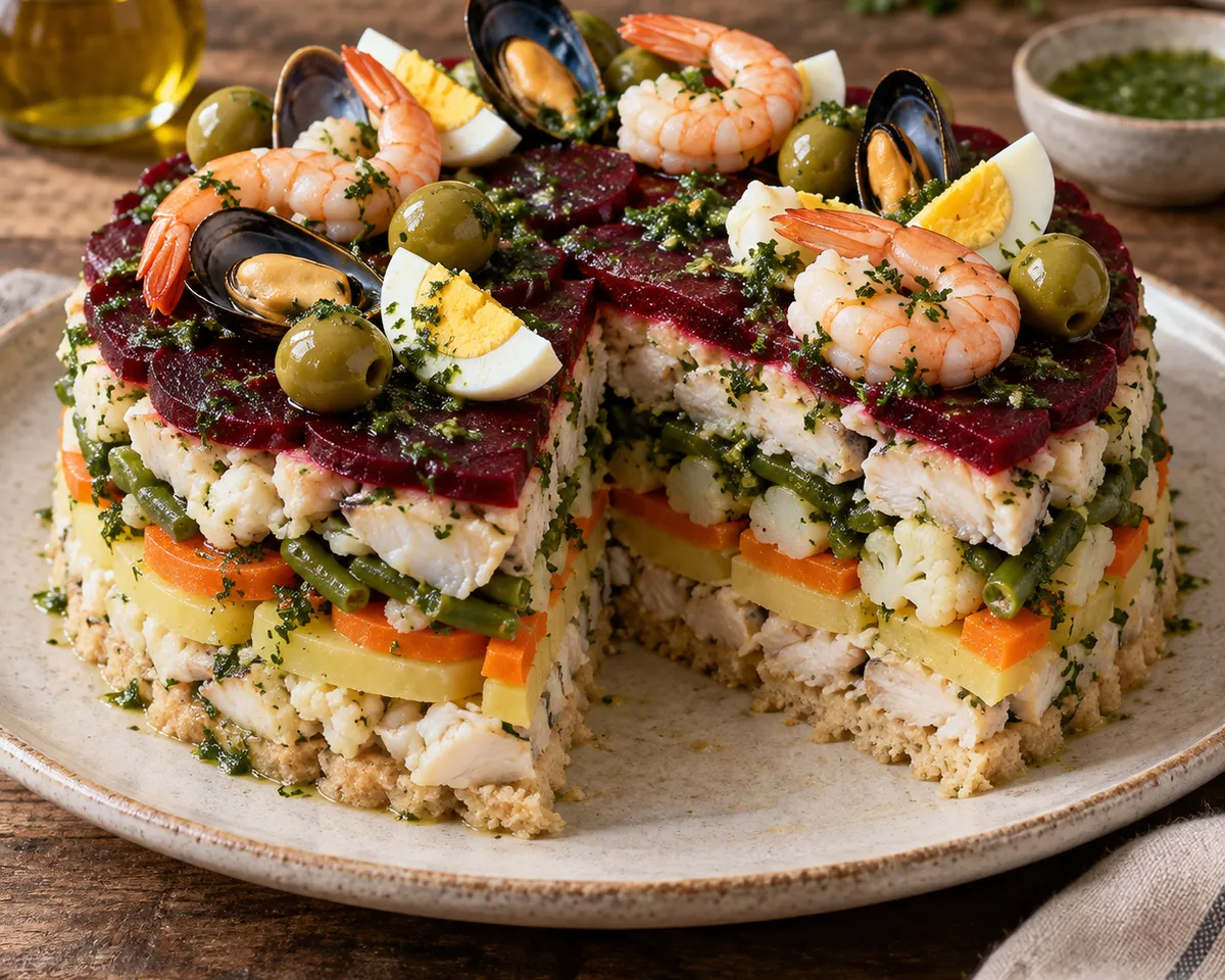 A wedge cut from cappon magro reveals layers of fish and vegetables over sailor’s biscuits, topped with beet slices, shrimp, mussels, egg wedges and green olives.