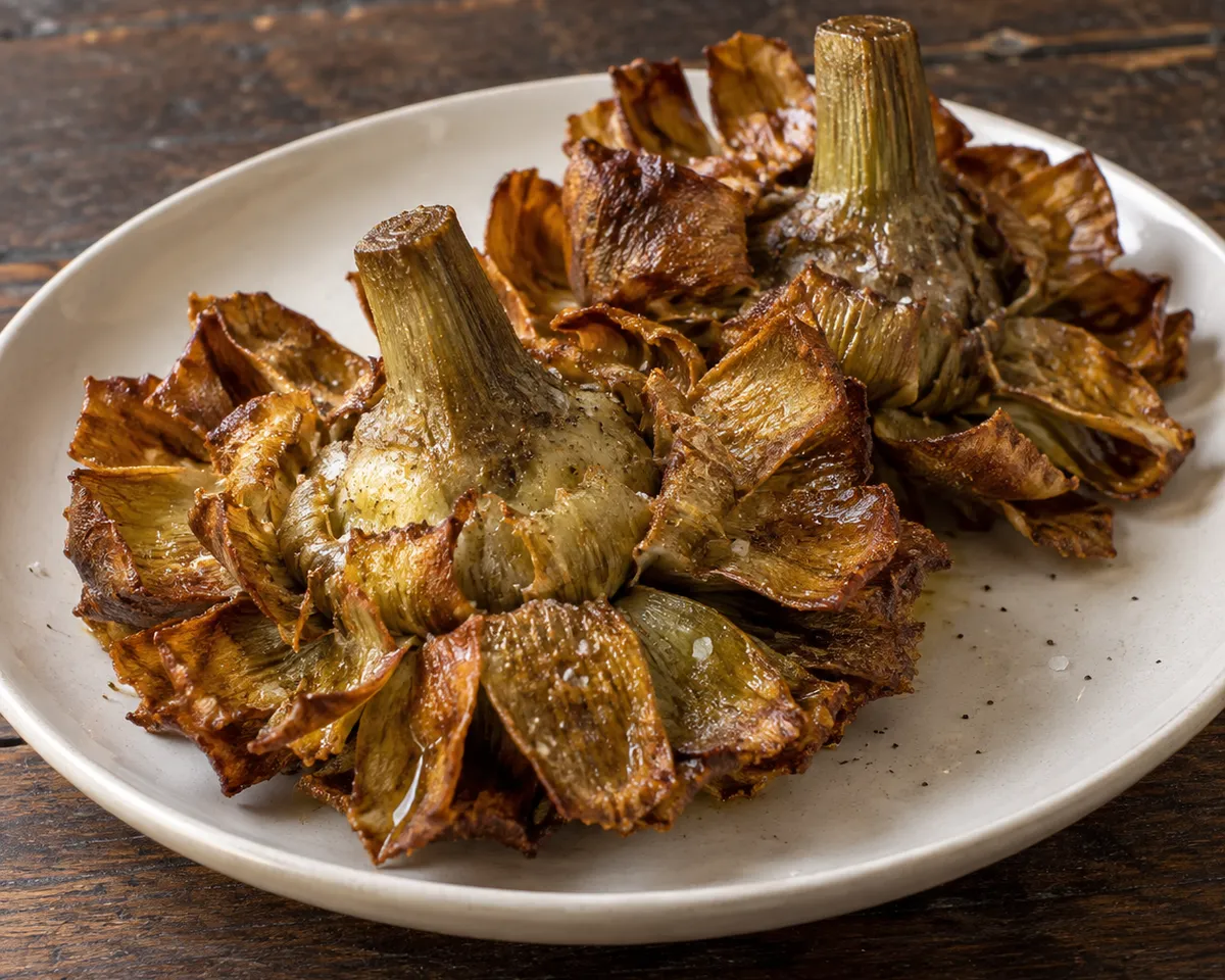 Two crisp-fried Roman artichokes, their leaves spread open, on a cream-colored plate.