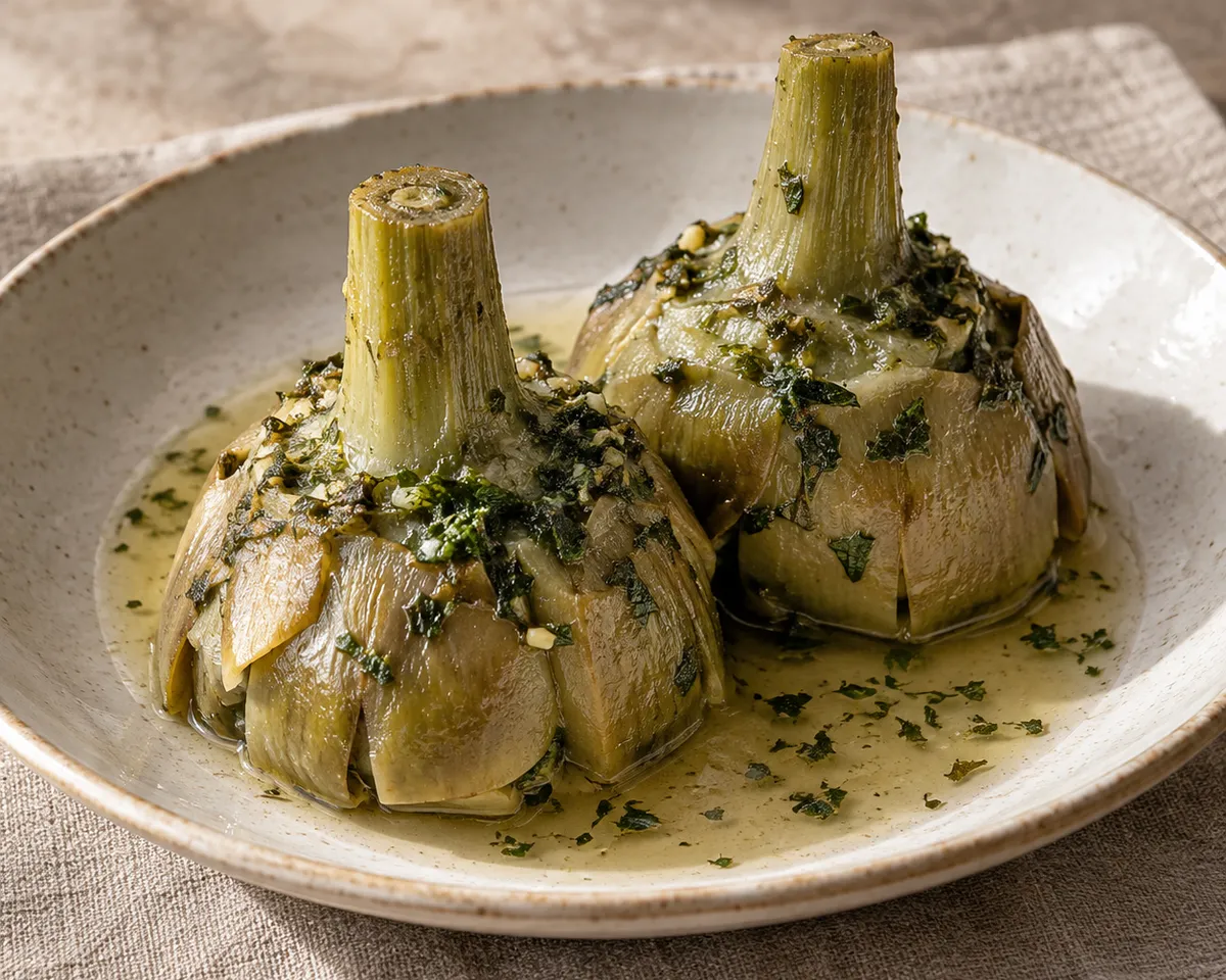 Two whole braised Roman artichokes with upright stems, chopped herbs, and olive-oil cooking juices.