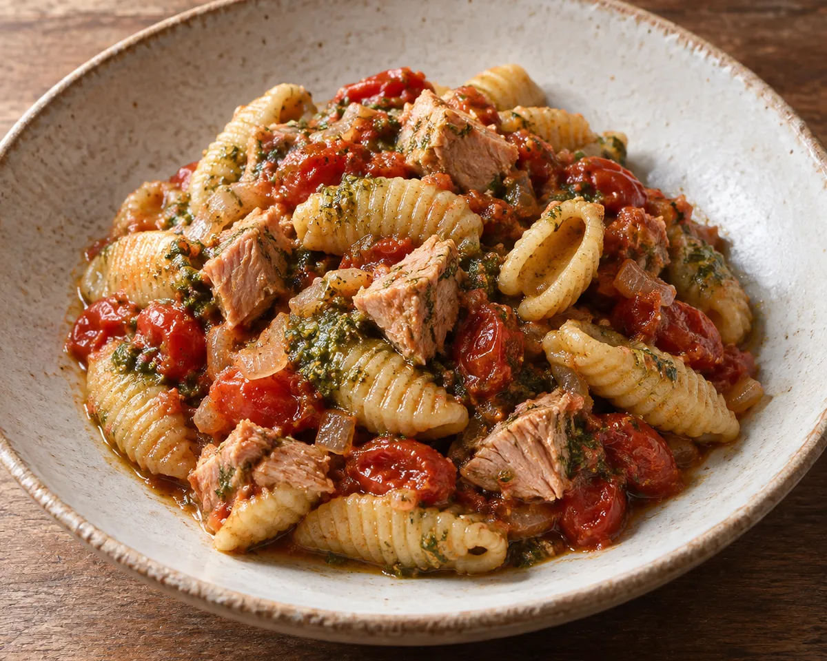 Hand-ridged cassulli with tender tuna, tomatoes and basil pesto in a shallow ceramic bowl.