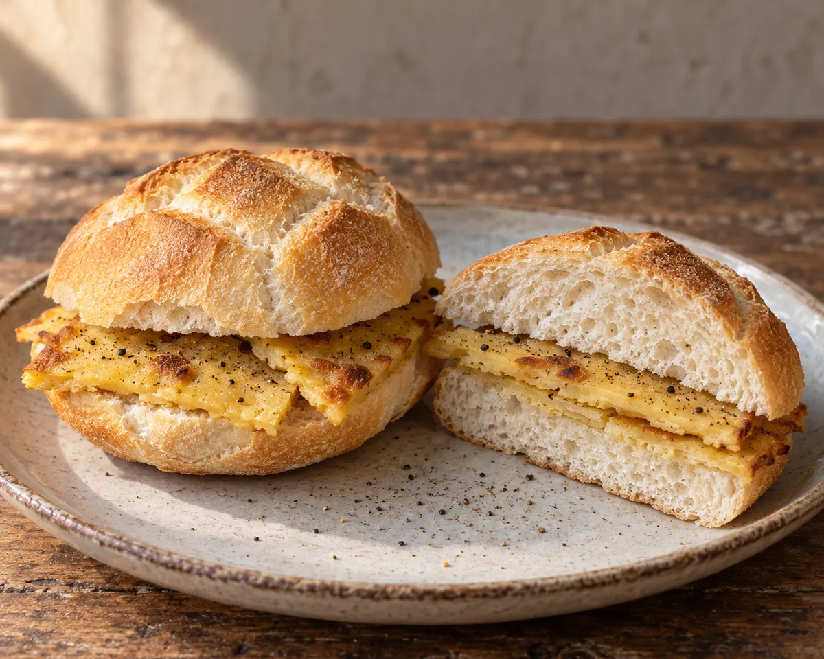 A rosetta roll filled with thin slices of baked chickpea cake and black pepper.
