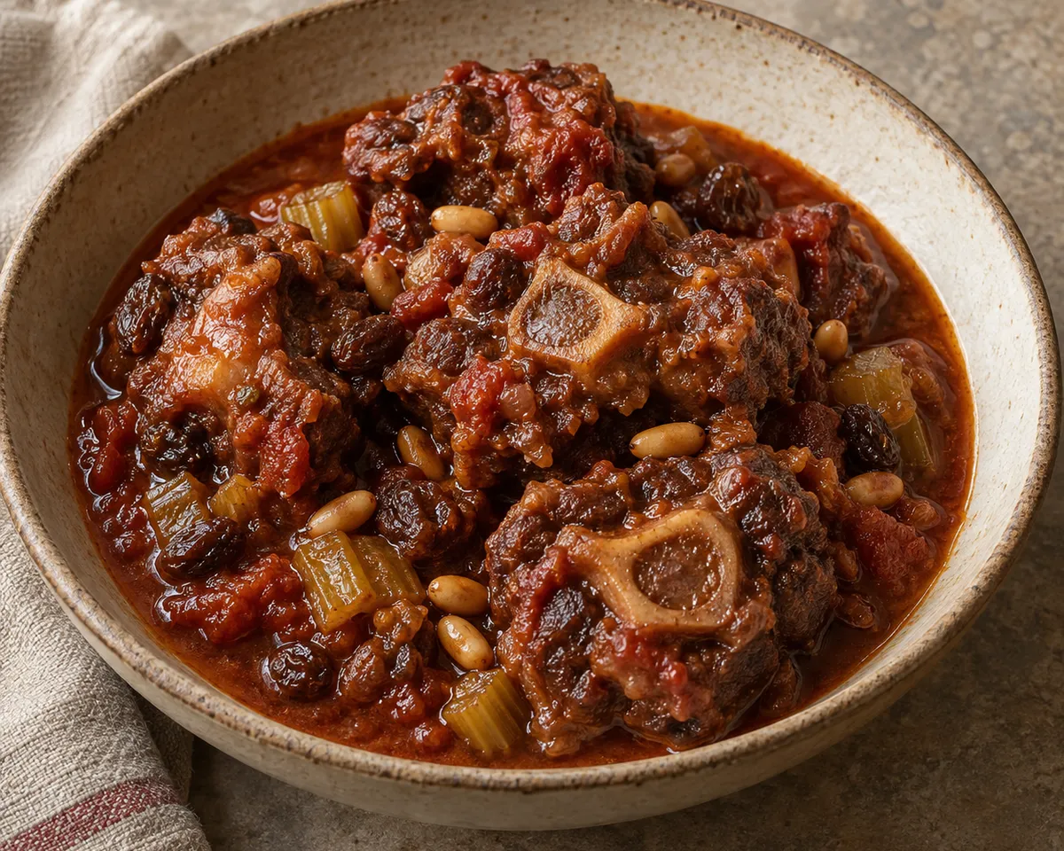 Bone-in oxtail in a rich tomato sauce with celery, raisins and pine nuts.