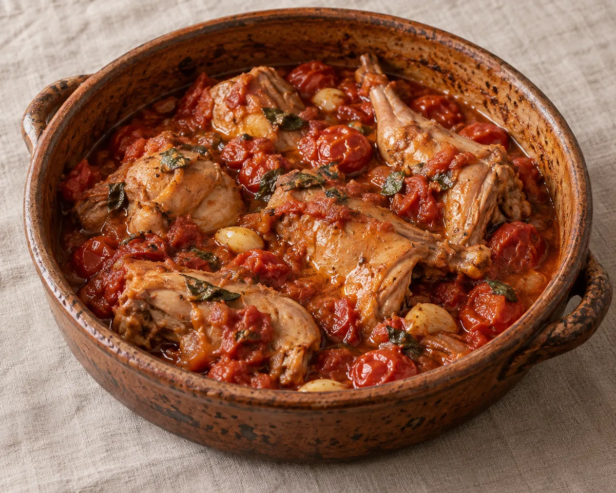 Bone-in rabbit braised with small tomatoes, garlic and basil in a rustic casserole.