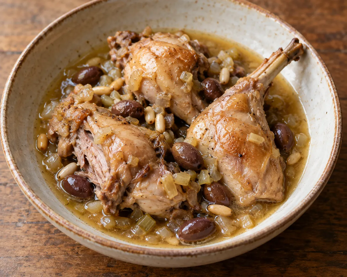 Bone-in rabbit braised in white wine with small dark olives and pine nuts.