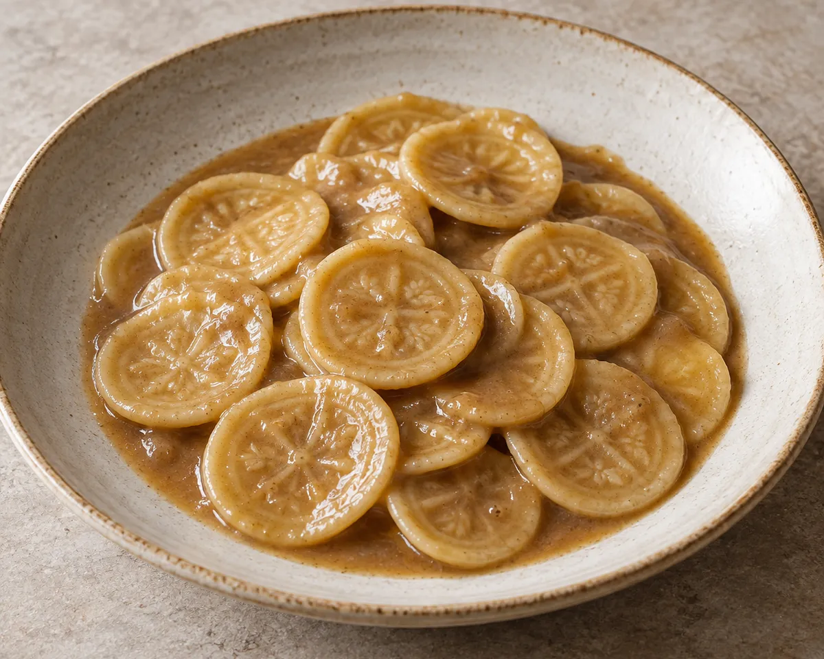 Stamped round pasta coins lightly coated in a brown roast-meat sauce.