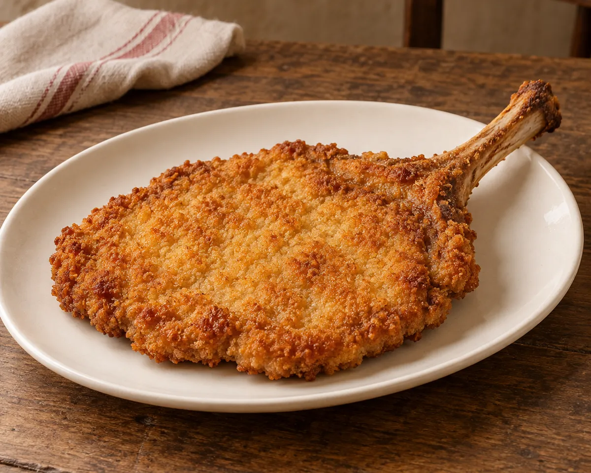 Golden breaded bone-in veal cutlet on a white oval plate.