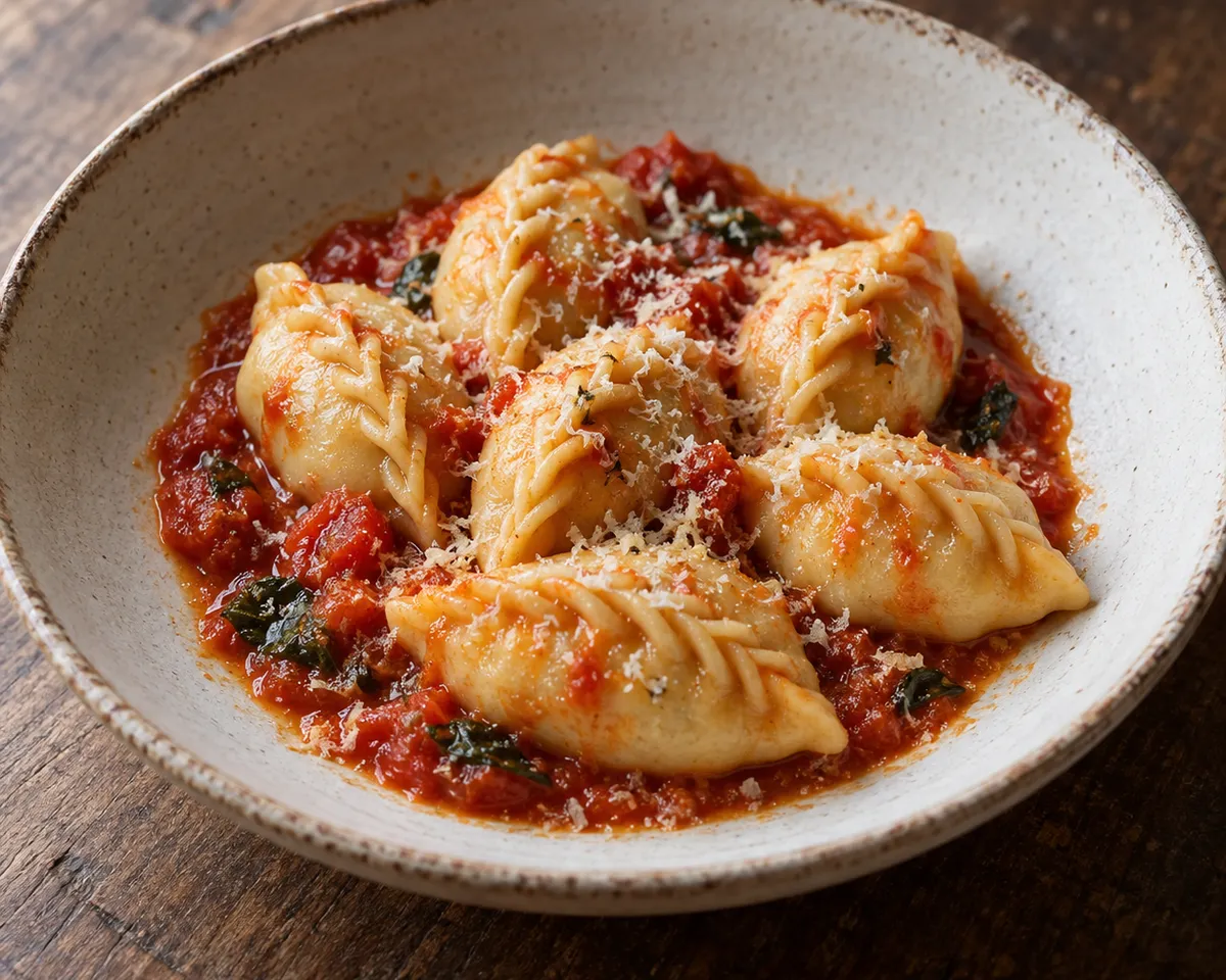 Oval culurgionis with wheat-ear seams, light tomato sauce and grated Pecorino.