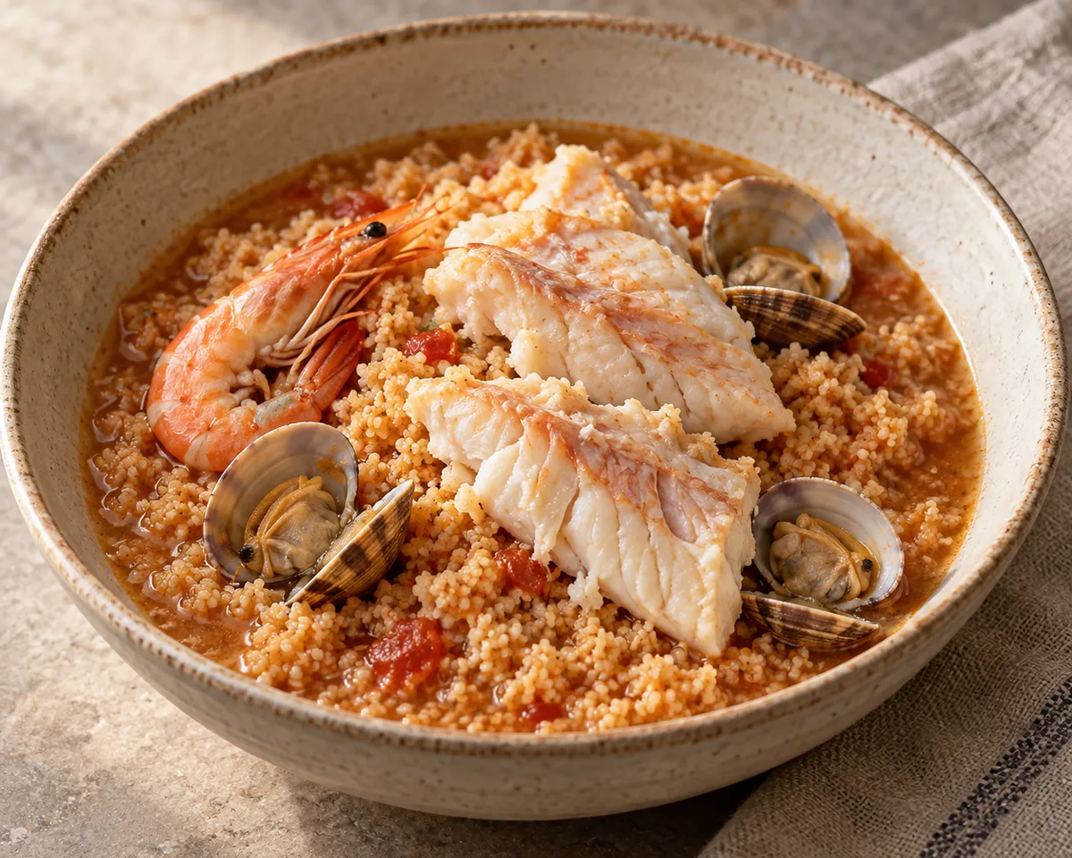 Fine couscous in tomato-colored fish broth with white fish, a whole shrimp, and opened clams in a ceramic bowl.