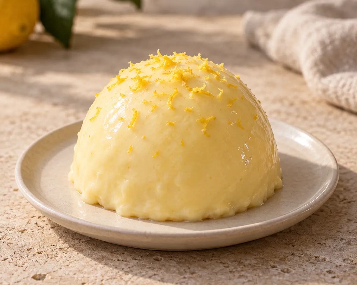 Pale lemon cream dome topped with lemon zest on a small plate.