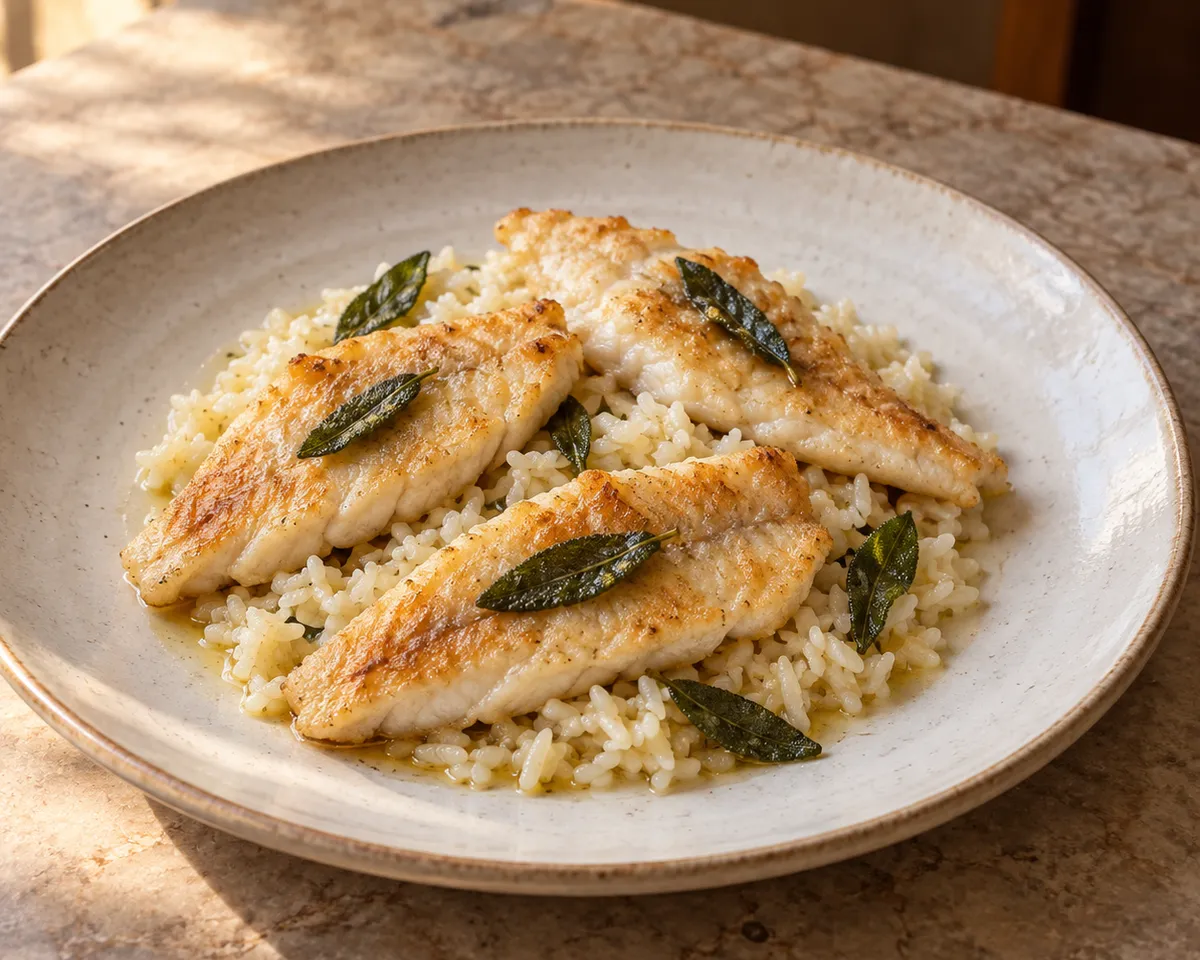 Golden perch fillets and cooked sage over separate buttered rice grains.