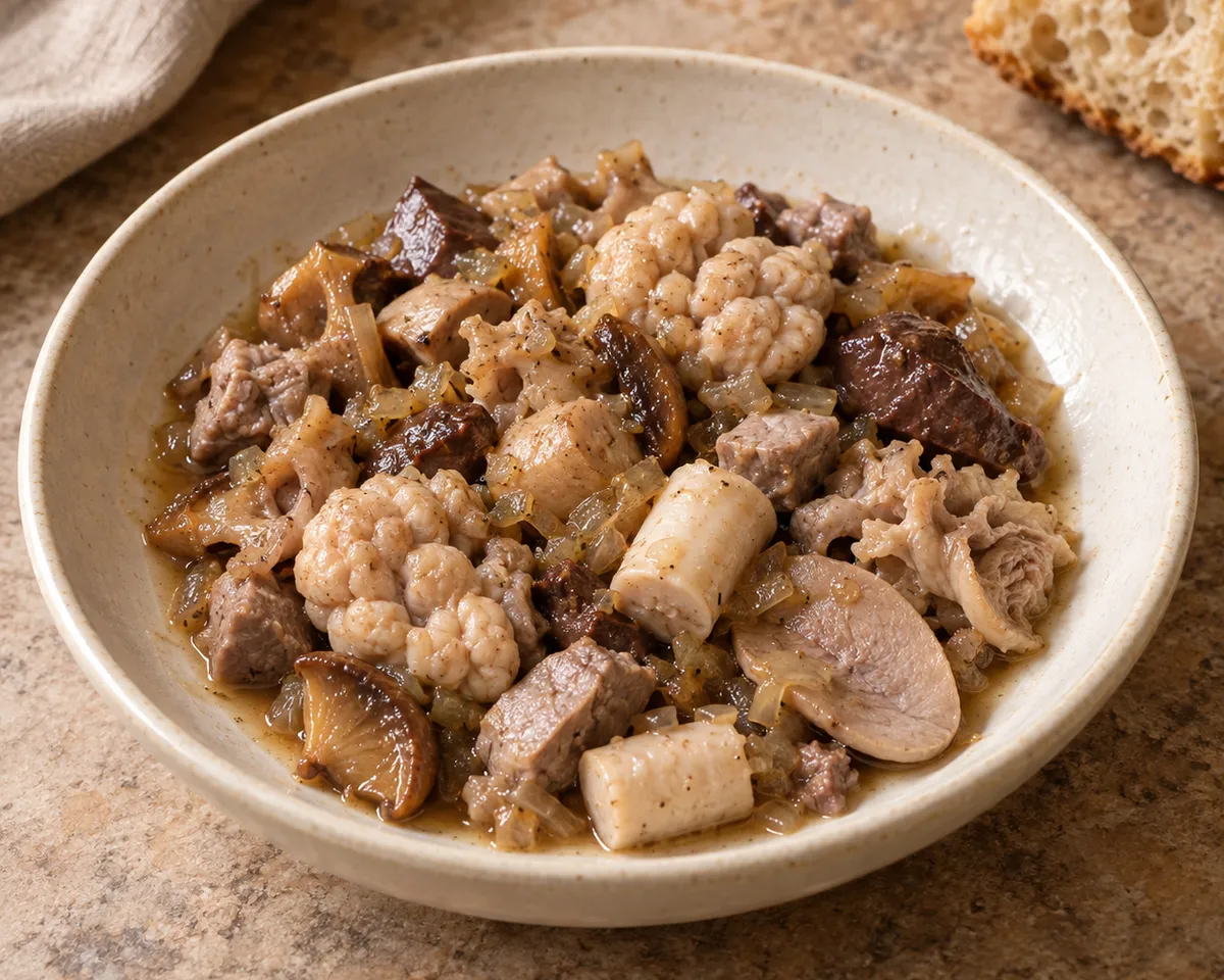 Finanziera: assorted cooked offal and porcini in a light Marsala and vinegar glaze on a shallow plate.