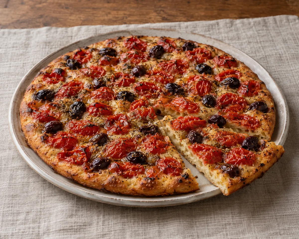 Low round focaccia topped with roasted cherry tomatoes, dark olives and oregano, with one wedge pulled aside.