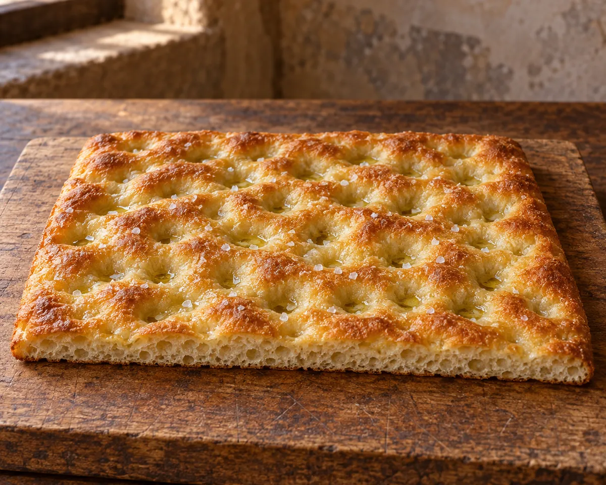 Golden rectangular focaccia genovese with deep dimples on a wooden board.