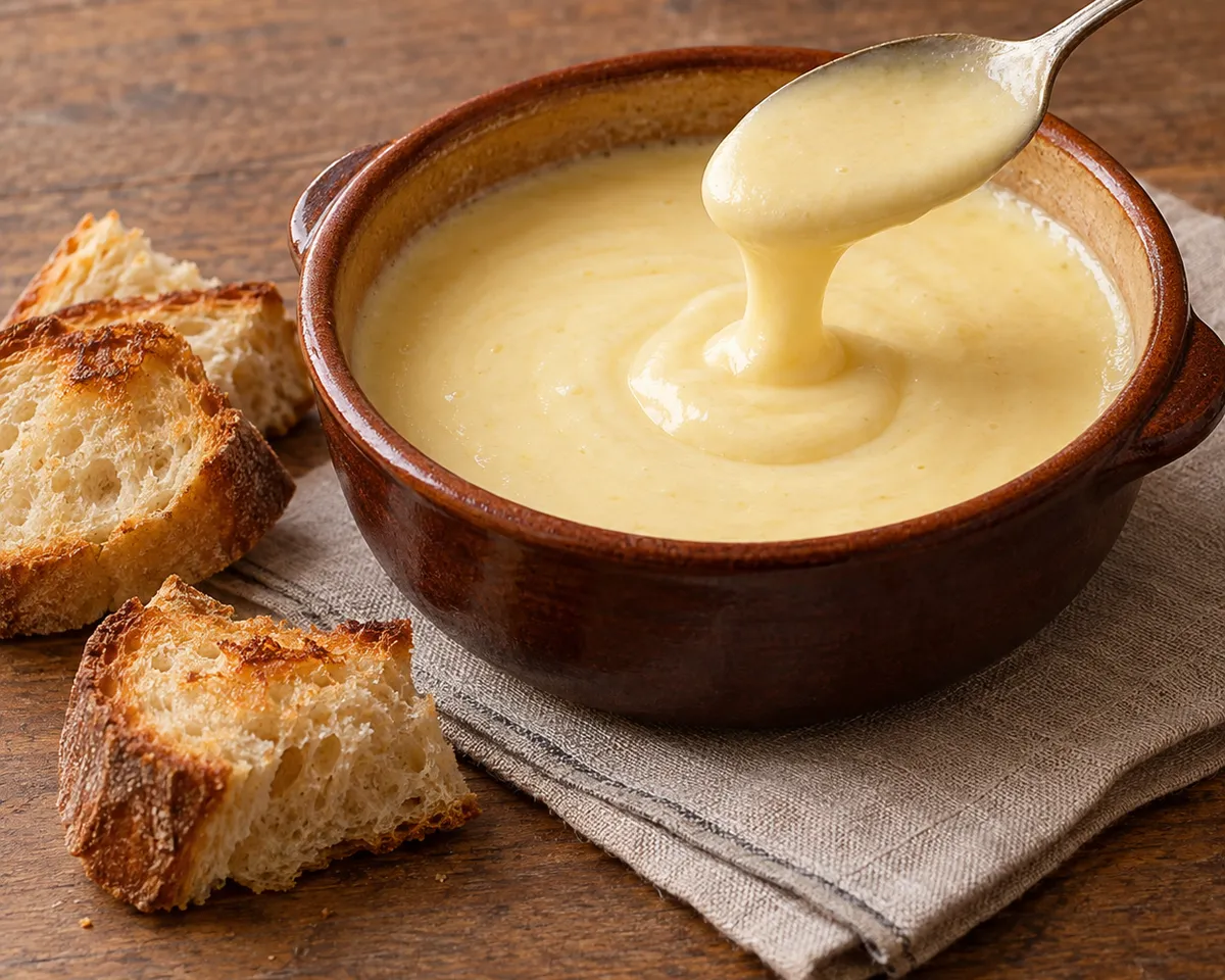Pale Fontina fonduta in a ceramic bowl with a spoon and toasted bread alongside.