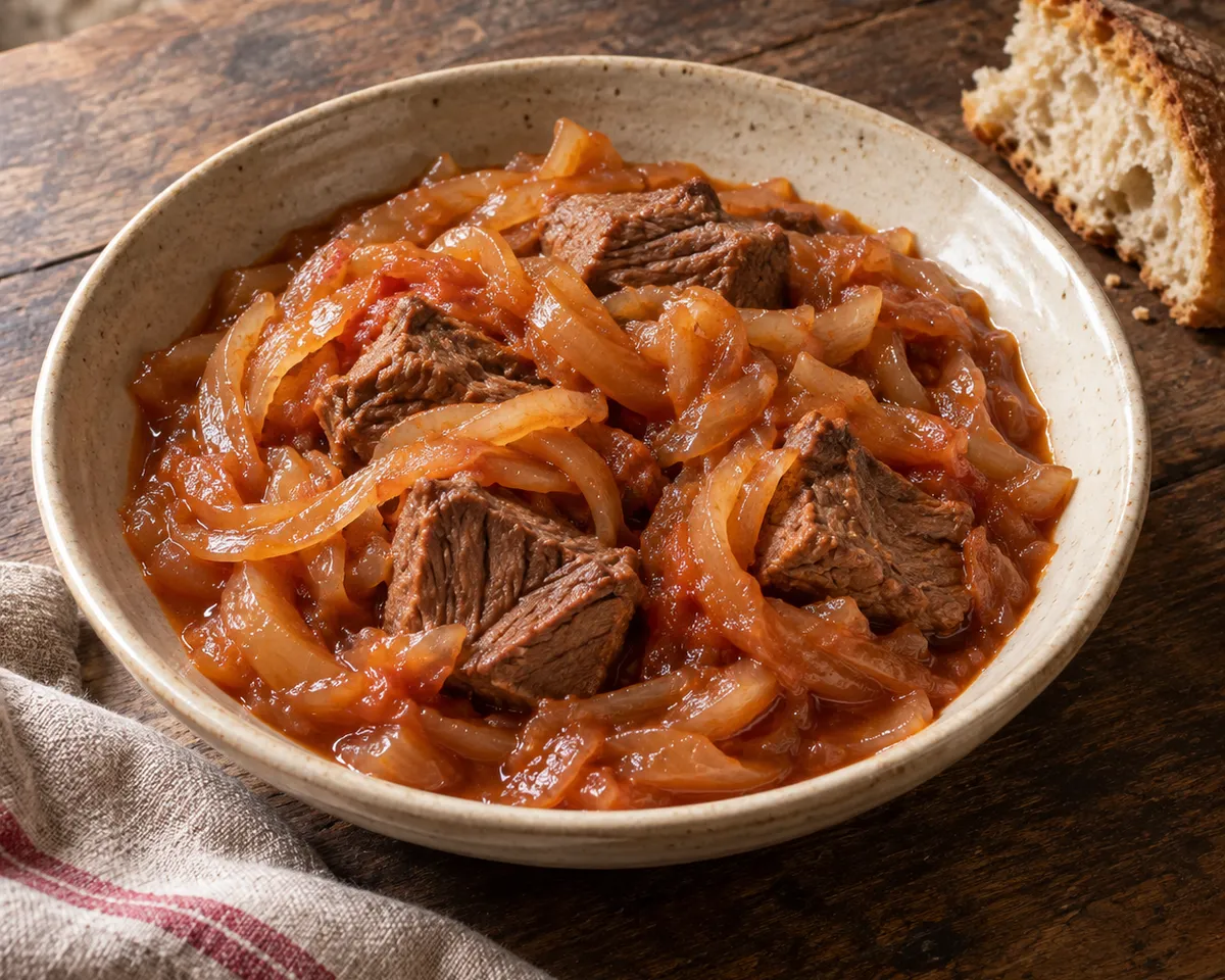 Francesina with small pieces of beef and soft onion ribbons in a red-brown sauce, with bread beside the bowl.