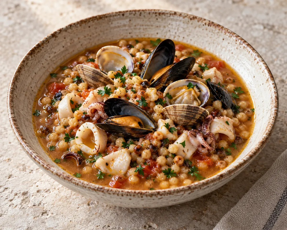 Toasted fregola with clams, mussels and pieces of squid in a lightly tomato-tinted broth.
