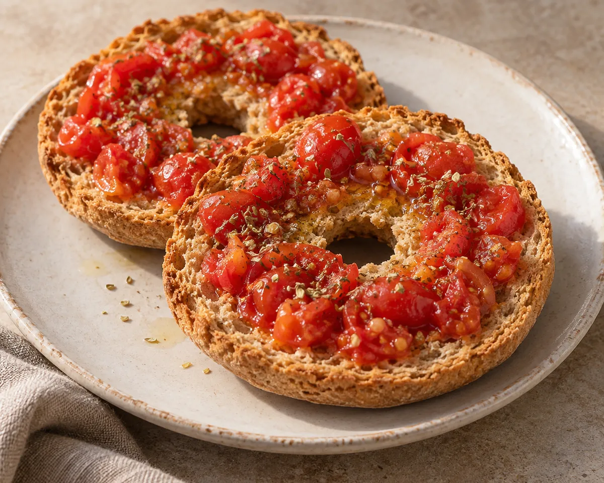 Two ring-shaped rusks topped with crushed tomatoes, oregano, and olive oil.