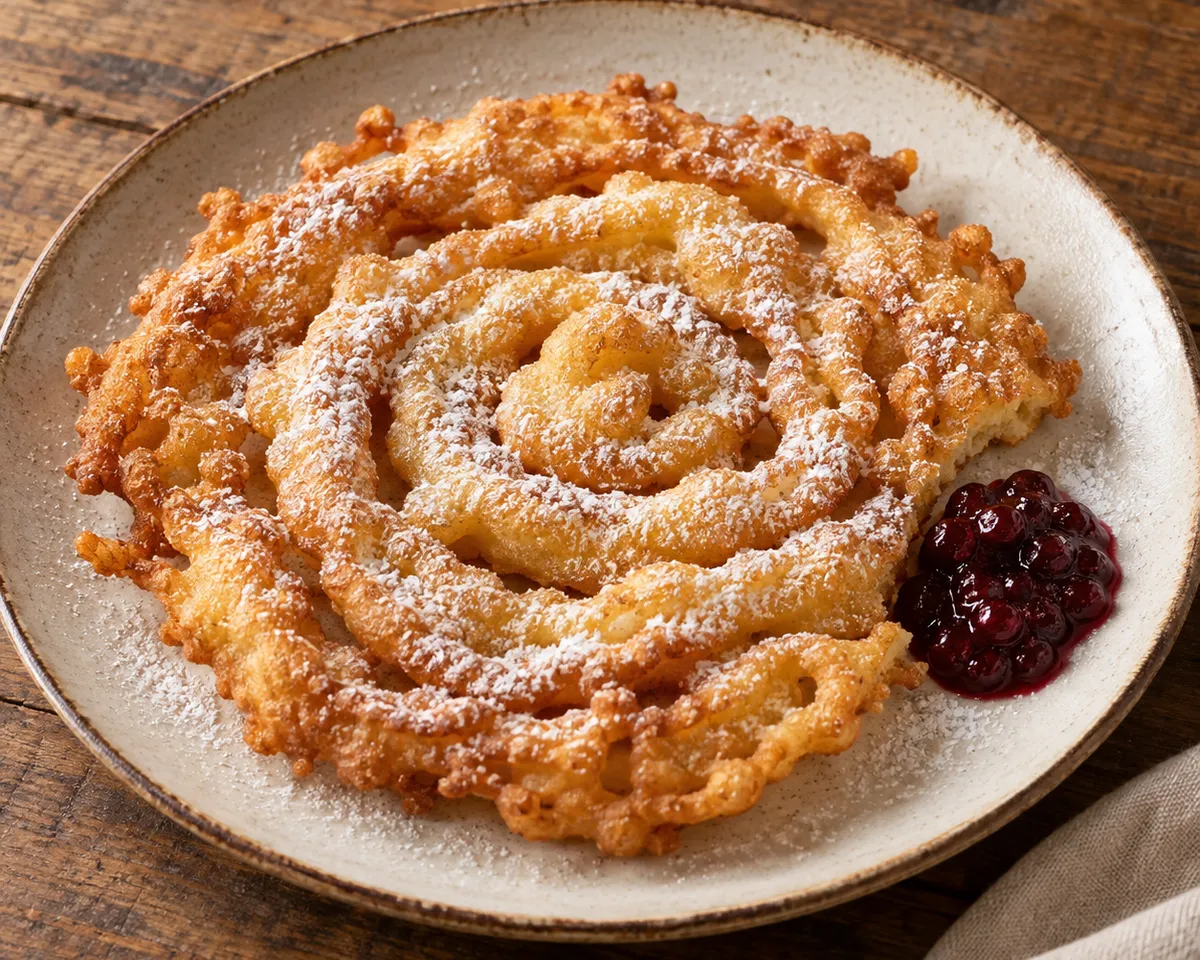 Golden spiral fritter dusted with powdered sugar, served with dark red lingonberry preserve.