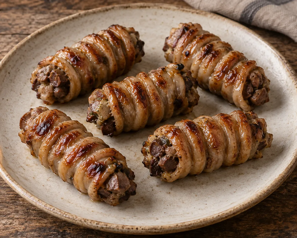 Gnummareddi: five browned lamb-offal rolls with closely wound natural casing and chopped filling visible at the ends.