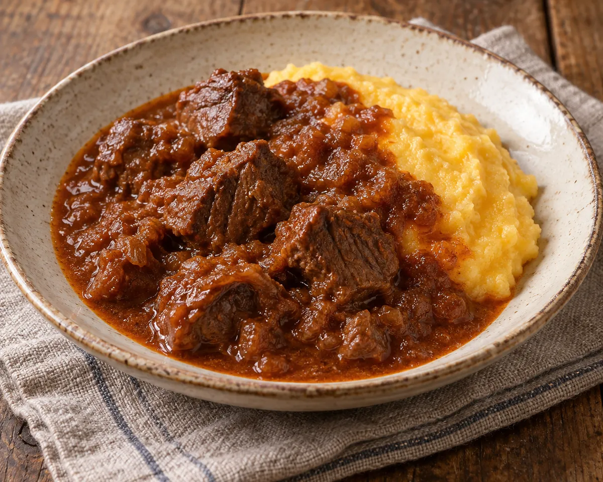 Gulasch: tender beef pieces in dark paprika and onion gravy beside soft yellow polenta.