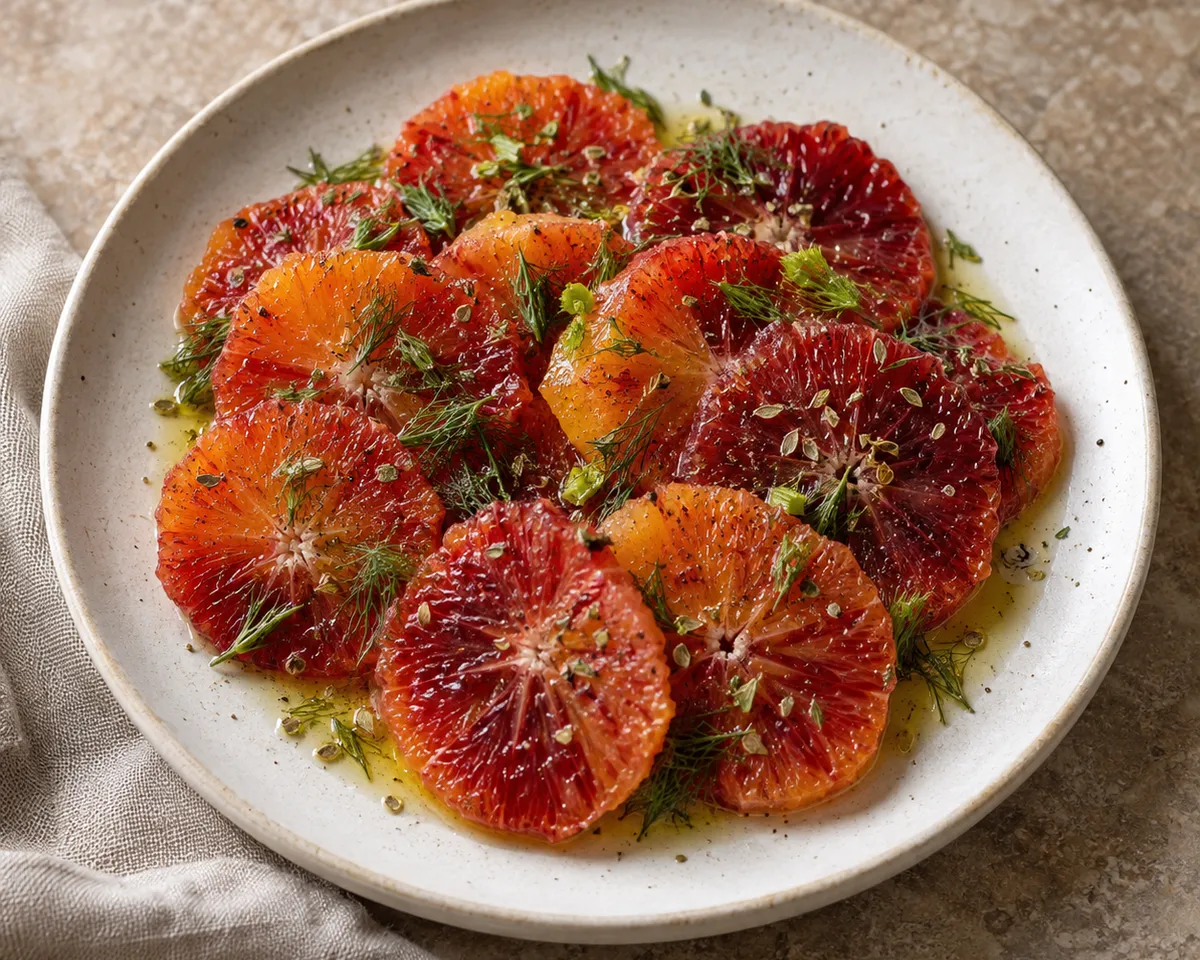 Overlapping blood-orange rounds dressed with olive oil, chopped wild fennel, oregano, and black pepper.