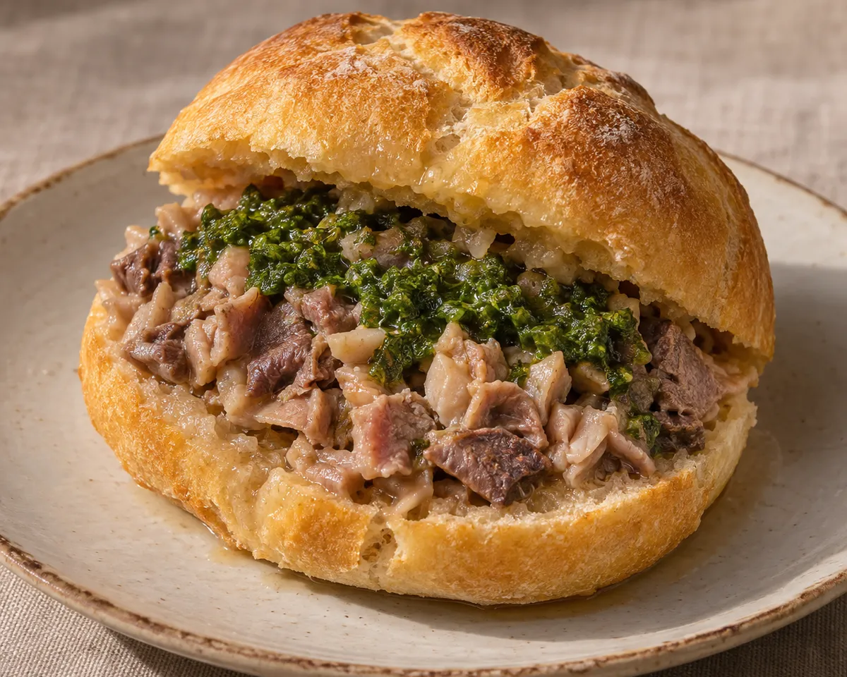 A Florentine bread roll filled with chopped lampredotto and coarse green parsley sauce.