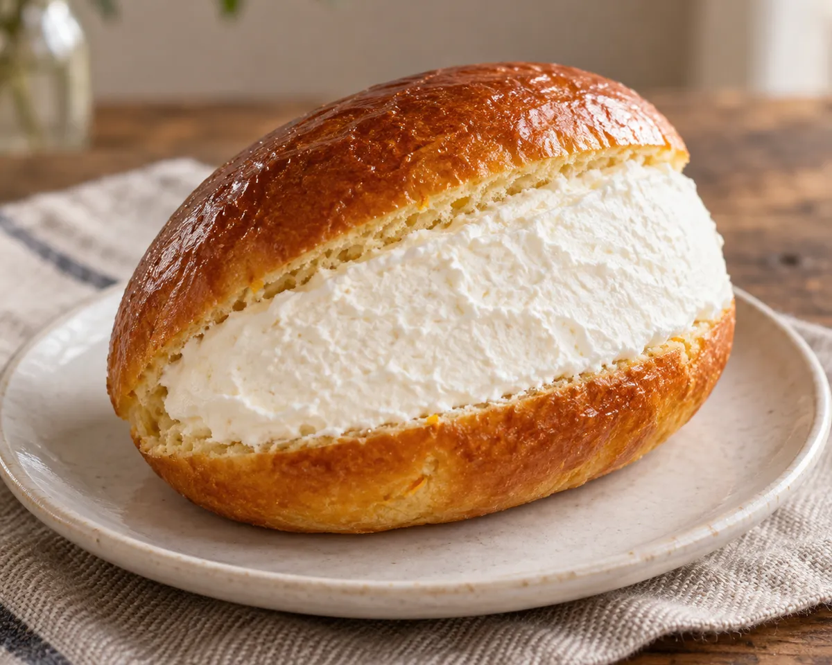 An oval golden maritozzo filled with a thick band of white whipped cream.