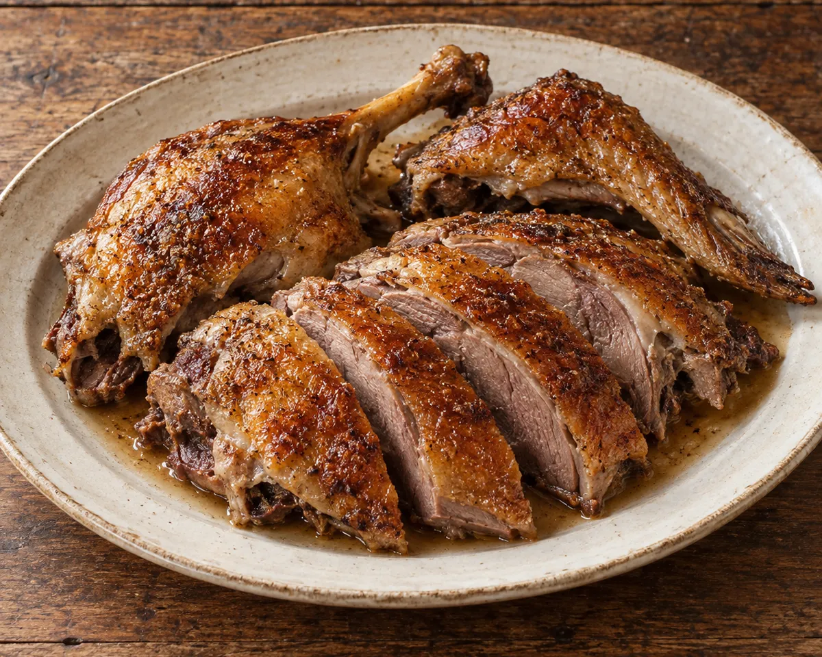 Ocio arrosto: carved roast goose with browned skin, dark meat, and a little pan juice.