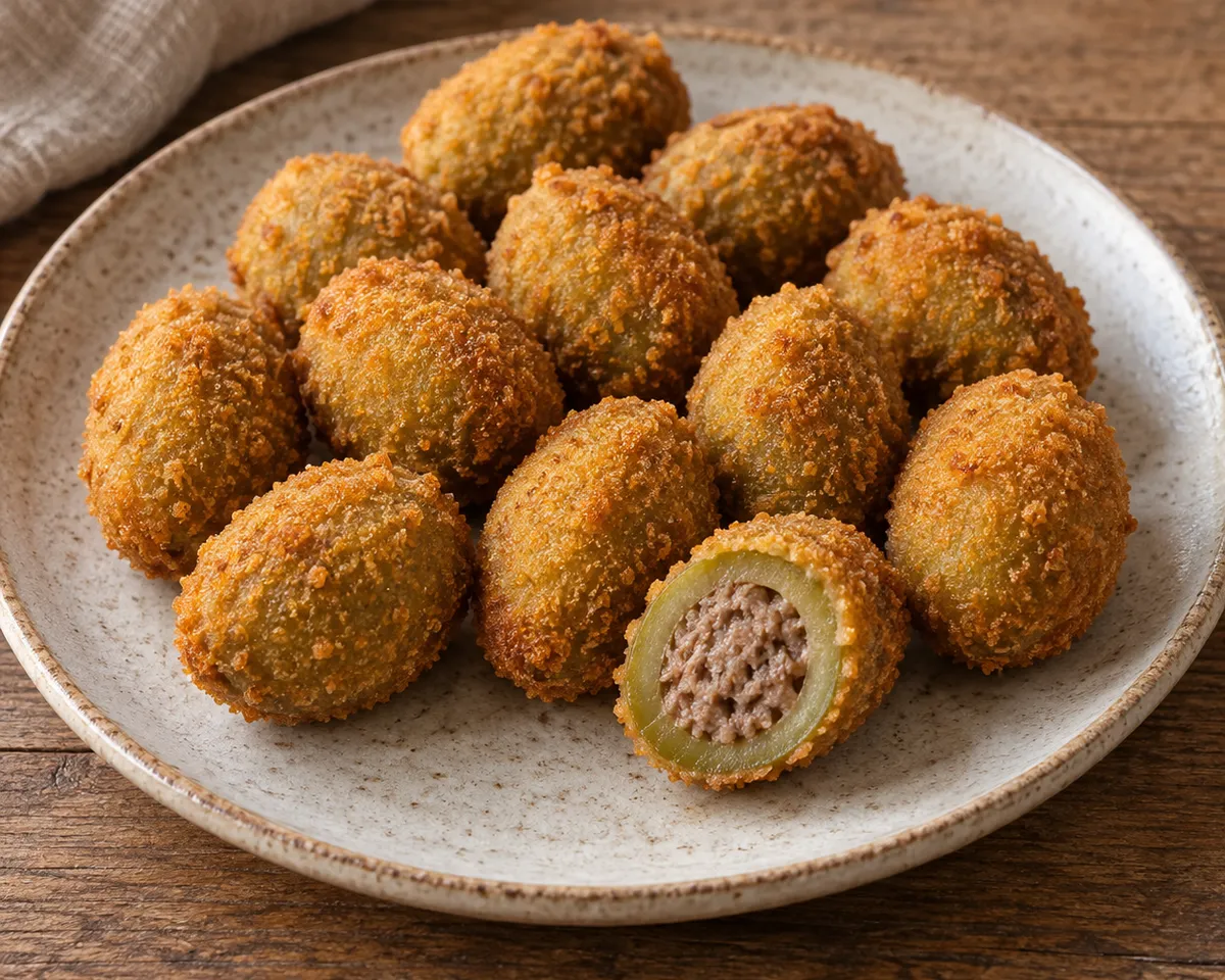 Breaded stuffed olives with one cut open to show the green olive and meat filling.