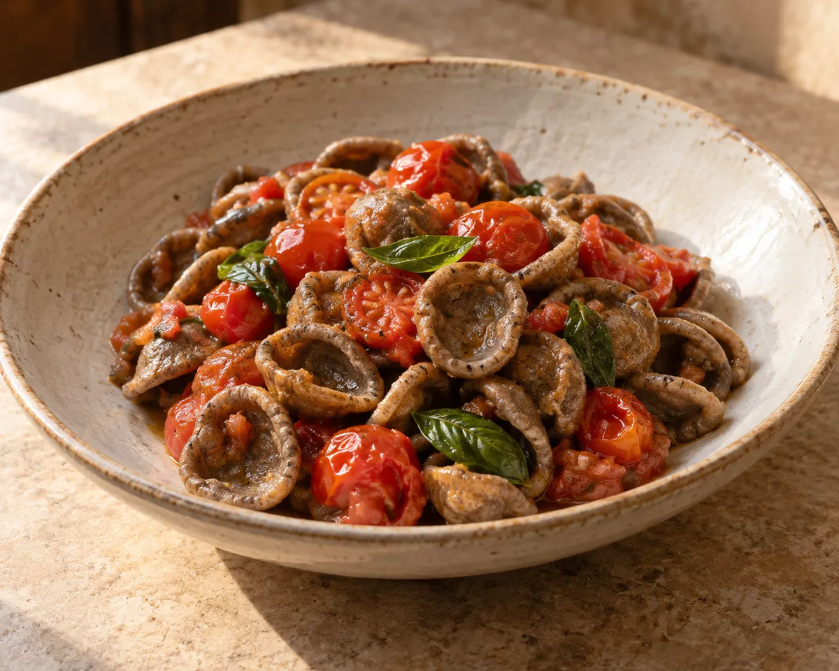 Dark handmade orecchiette with cherry tomatoes and basil in a shallow speckled ceramic bowl.